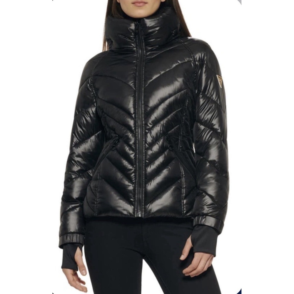 Guess Black Quilted Puffer Jacket Sz L Full Zip Upside Down Triangle Y2K